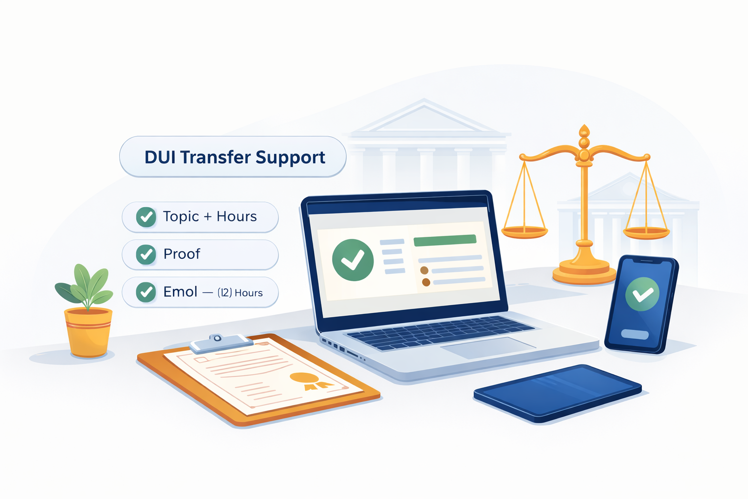 DUI transfer support page showing online court education options